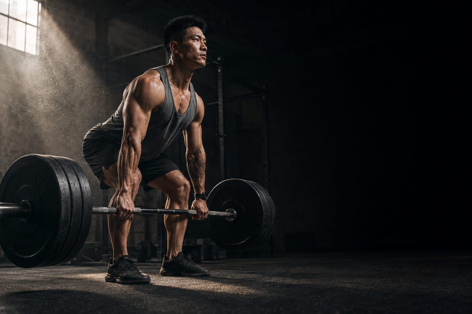 Huấn luyện viên kéo tạ trong phòng tập, ánh sáng xiên